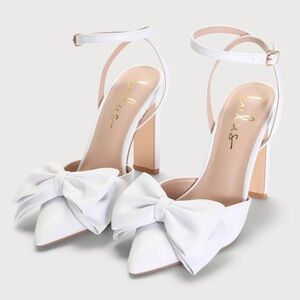 Penson White Bow Pointed-Toe Ankle Strap Pumps